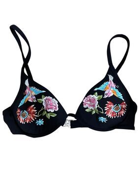 Black Embroidered Floral Bird Bralette Bra Top XS S